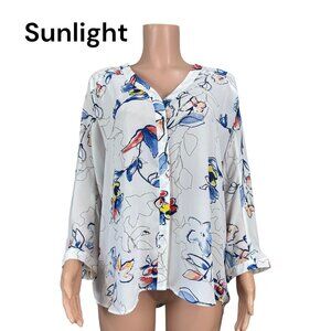 Gipson Latimer Women SZ L White Floral Print Button Up Top Blouse-V Neck-Casual